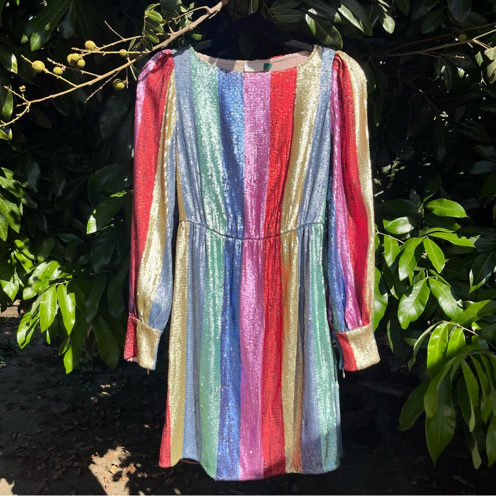 RIXO rainbow pastel stripe sequin metallic long sleeve boat neck mini dress‎